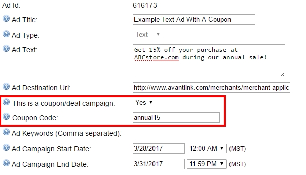 The Coupon/Deal configuration option on new ads followed by the coupon code box.