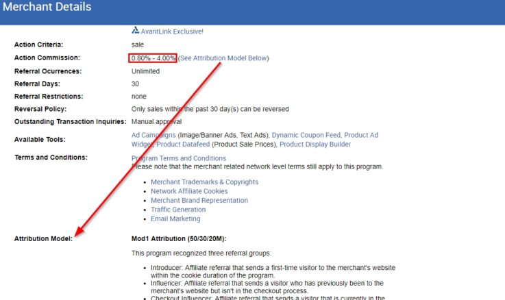 Attribution and commission sharing rules are explained in full on each merchant detail/description page. 