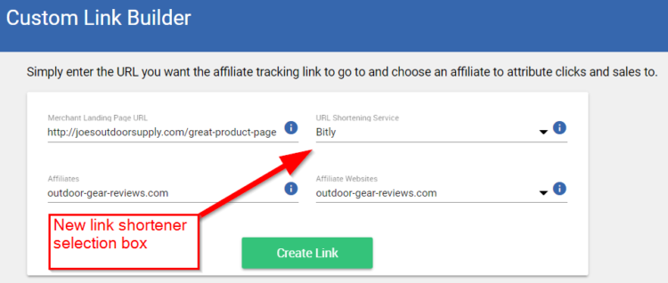 The new link shortening option available on the Merchant Custom Link Builder. 