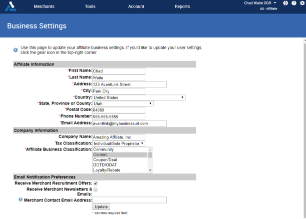 Business Settings Interface on AvantLink