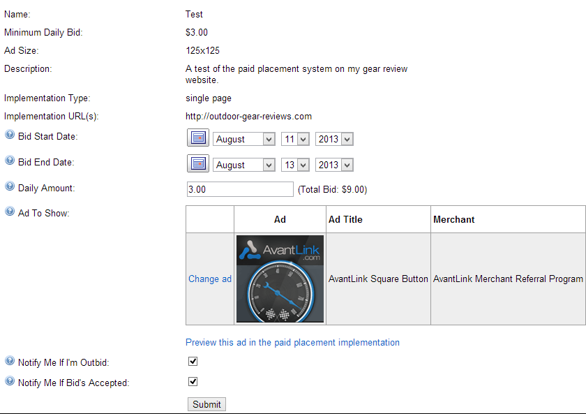 Bid configuration in the Paid Placement Bidding System